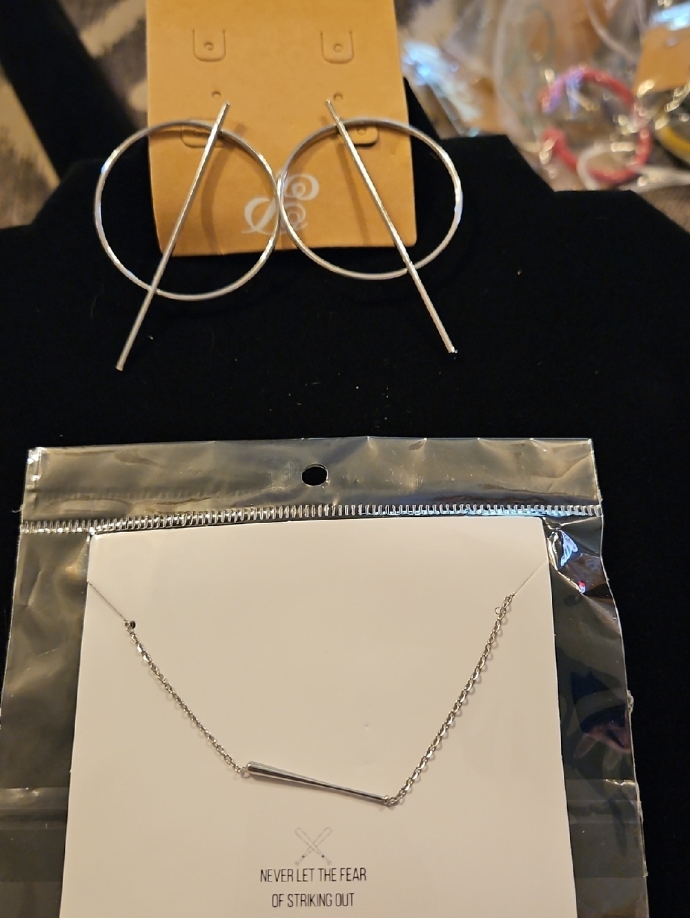 Minimalist Silver Tone Baseball Bat Necklace and Hoop Threader Earring Set